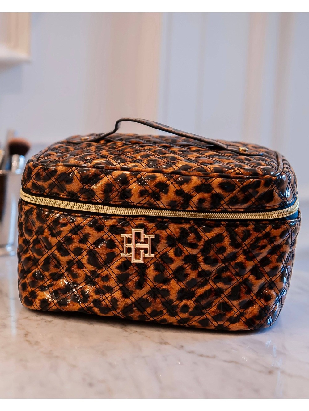Caroline Hill Hampton Leopard Patent Train Case Makeup Cosmetic Travel Bag
